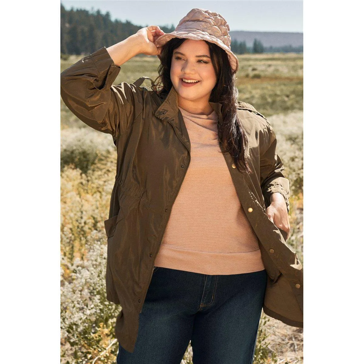 Plus Size Glossy Drawstring Hem Button-down Coach Jacket