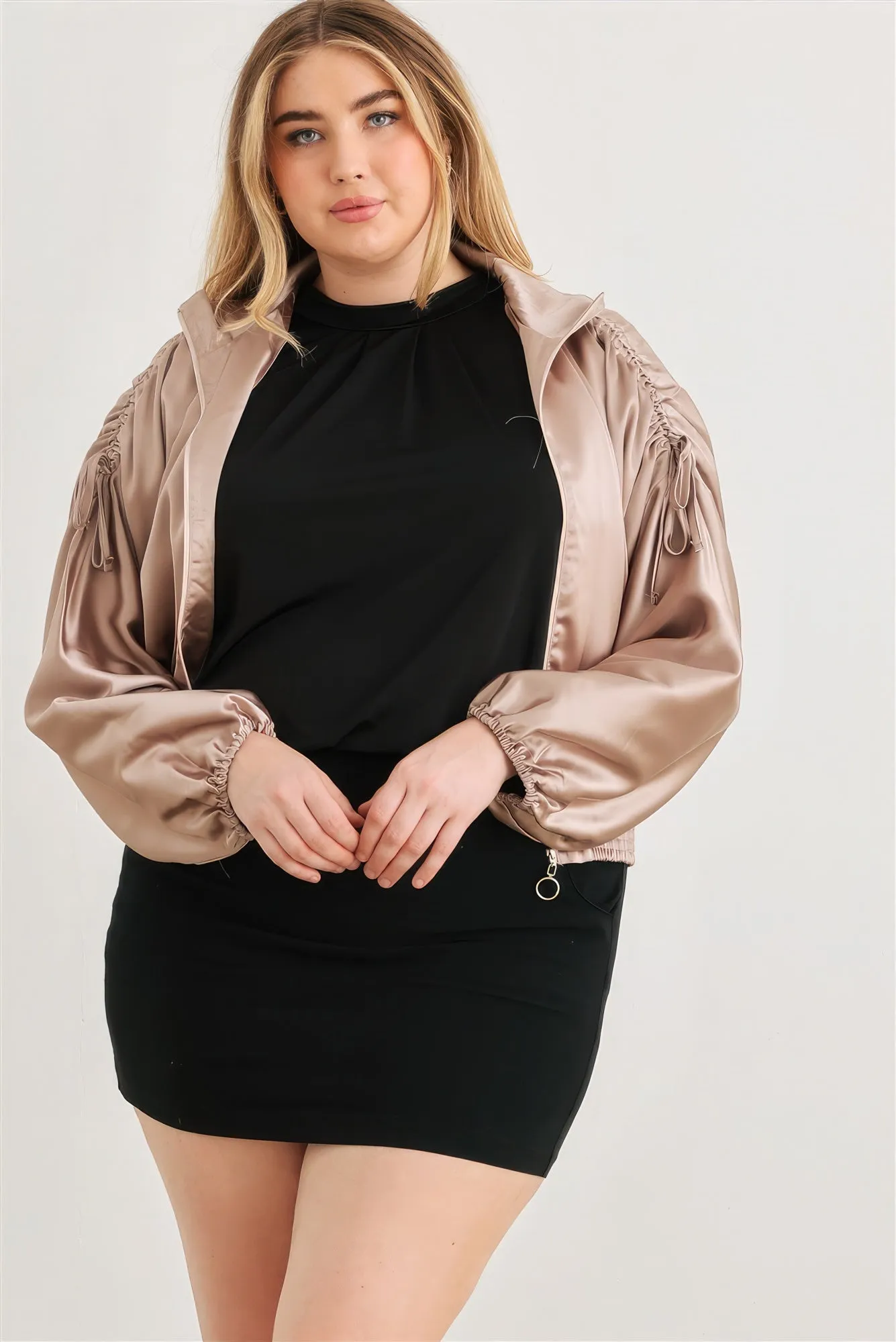 Plus Size Satin Ruched Bomber Jacket