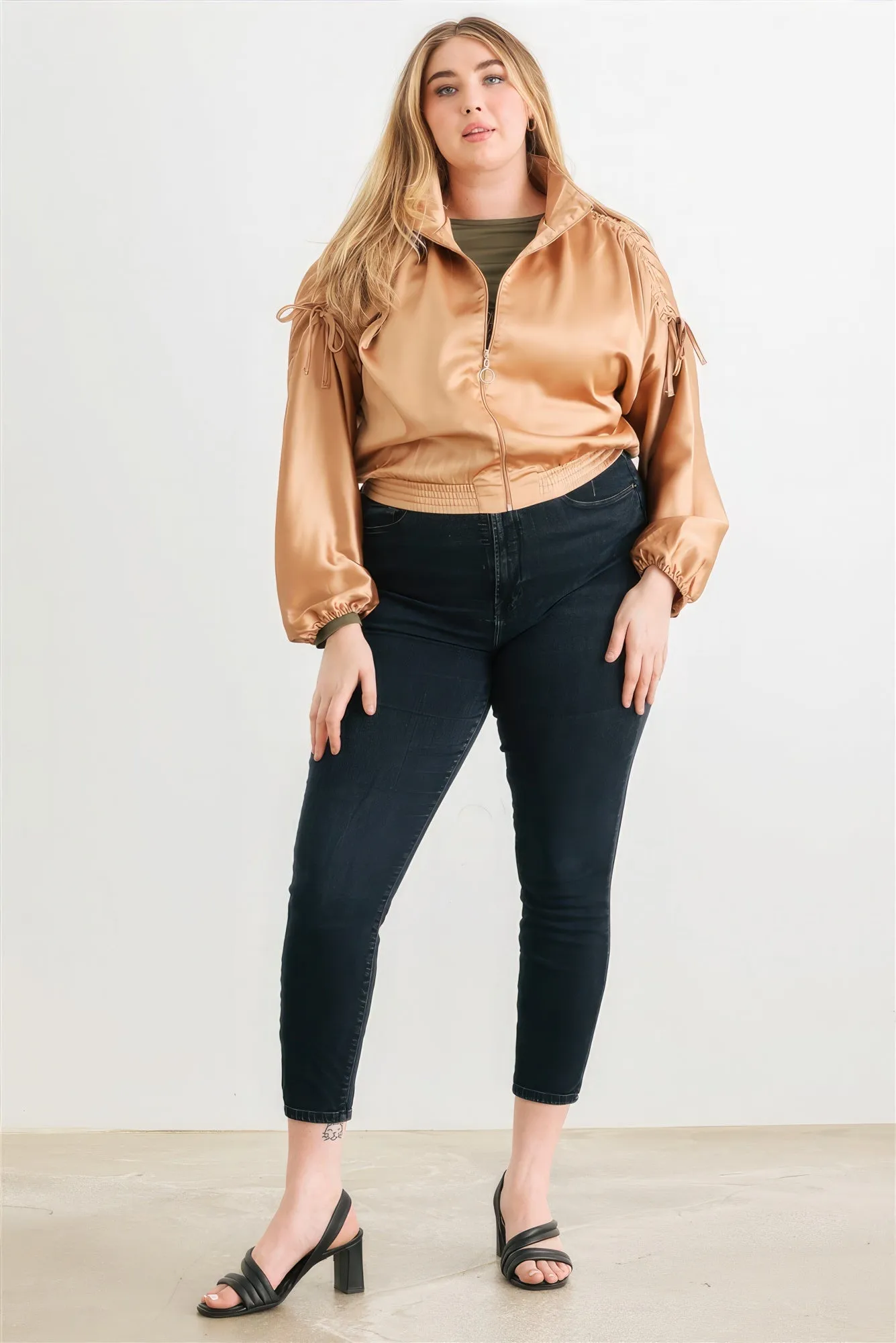 Plus Size Satin Ruched Bomber Jacket