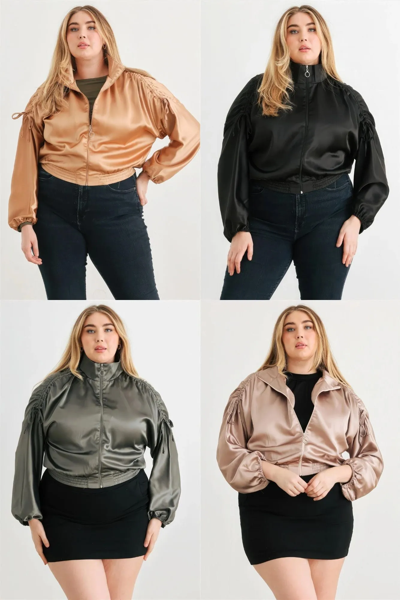 Plus Size Satin Ruched Bomber Jacket