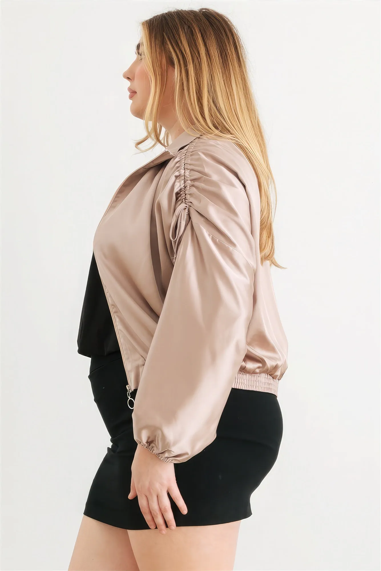 Plus Size Satin Ruched Bomber Jacket