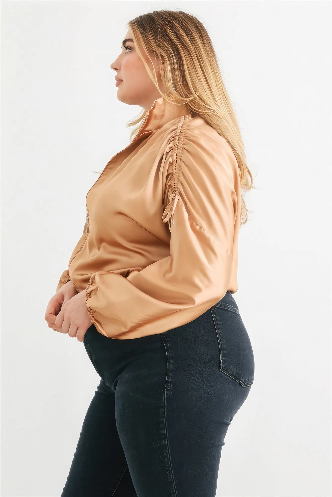 Plus Size Satin Ruched Bomber Jacket