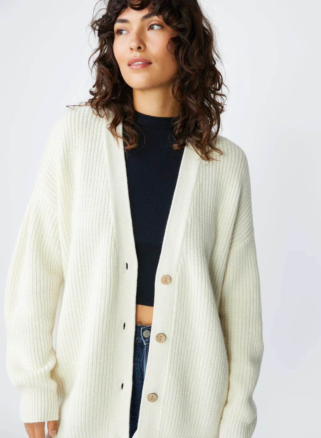 Ribbed Cashmere Oversized Cardigan Sweater in Cream