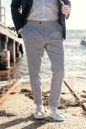 Roma Trouser - Navy and White Seersucker