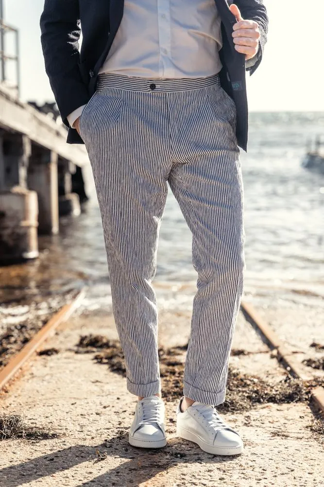 Roma Trouser - Navy and White Seersucker