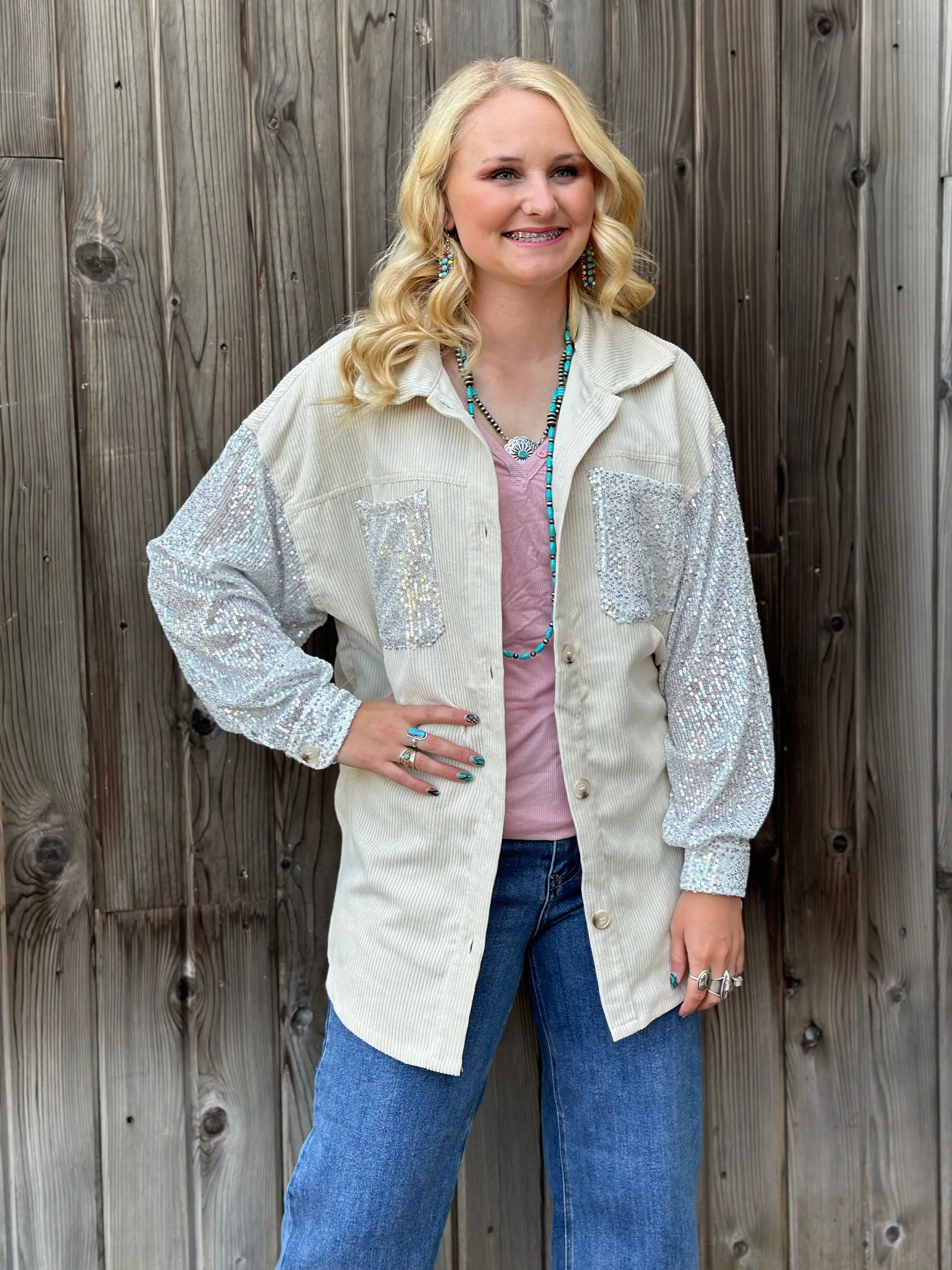 The City Days Cord with Sequin Sleeve Shacket