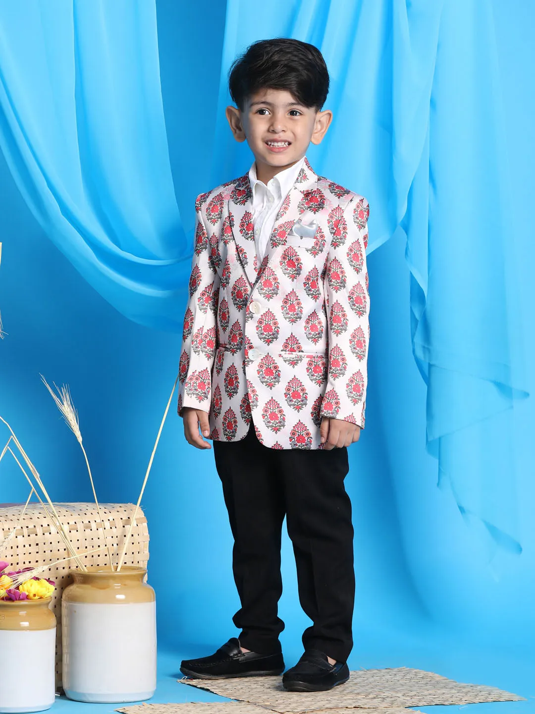 VASTRAMAY Boy's Cream Base Multi-Color Printed Blazer