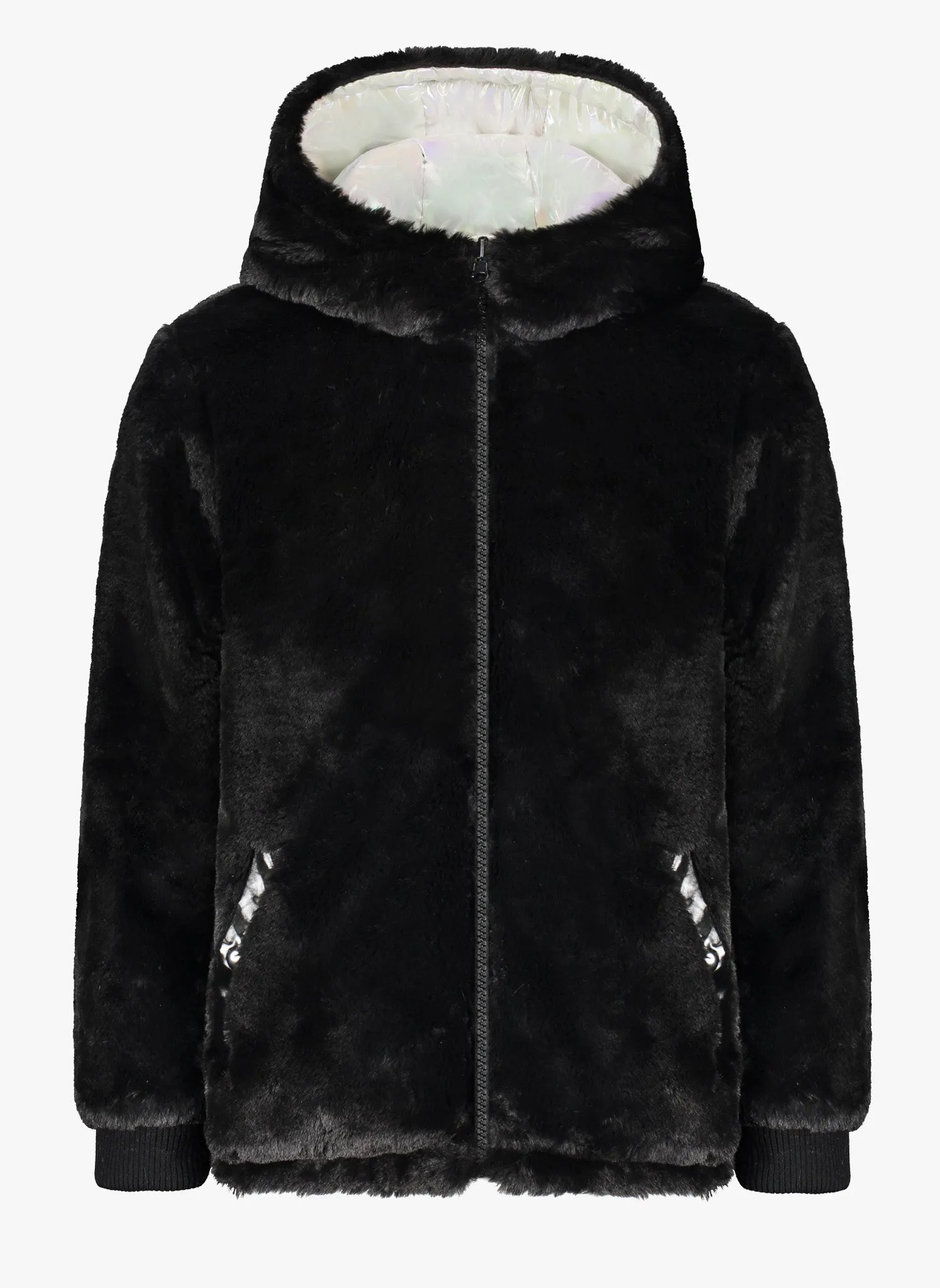 Vierra Rose Jusuf Reversible Jacket in Black Faux Fur/Pearl Iridescent