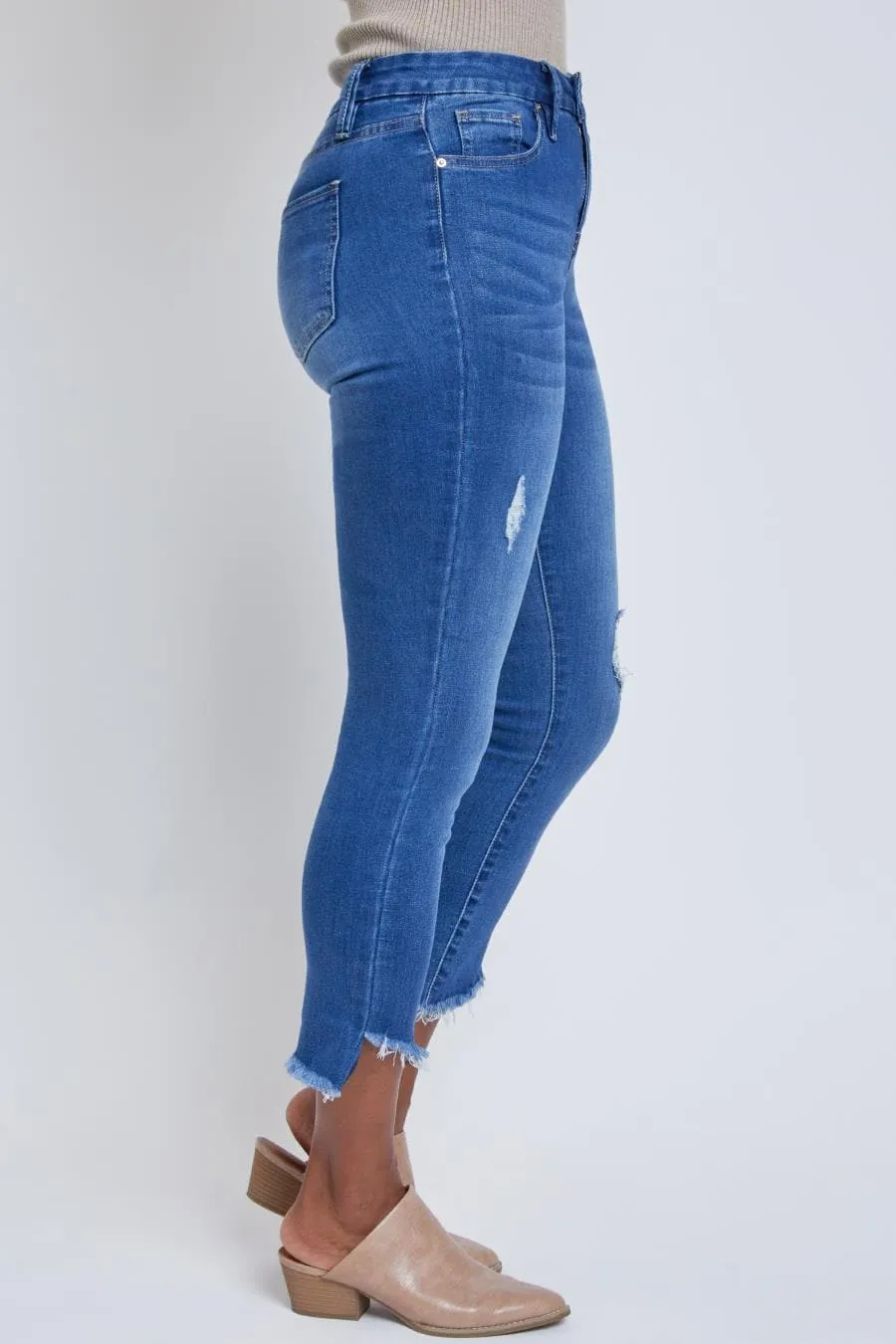 Women's Curvy Fit High Rise Frayed Slanted Ankle Jean